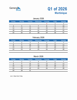 Martinique Quarter 1  2026 calendar template