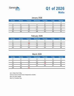 Malta Quarter 1  2026 calendar template