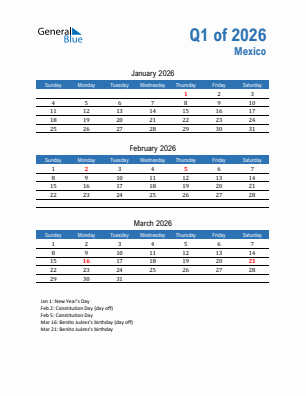 Mexico Quarter 1  2026 calendar template