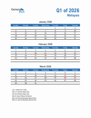 Malaysia Quarter 1  2026 calendar template