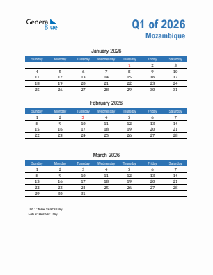 Mozambique Quarter 1  2026 calendar template