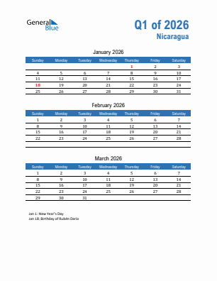Nicaragua Quarter 1  2026 calendar template