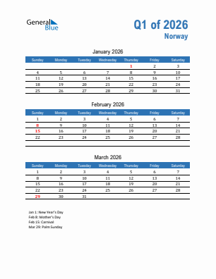 Norway Quarter 1  2026 calendar template