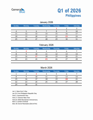 Philippines Quarter 1  2026 calendar template