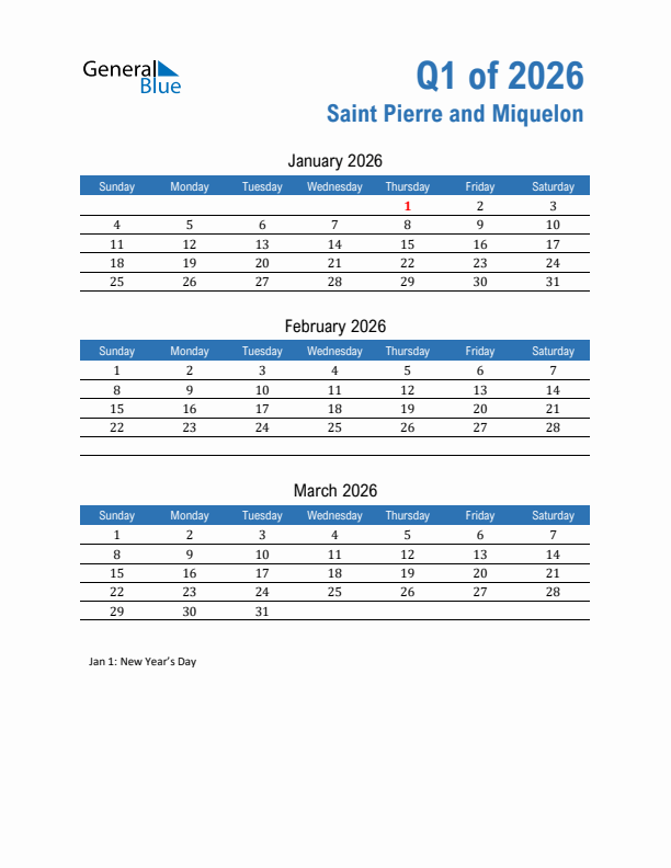 Saint Pierre and Miquelon Q1 2026 Quarterly Calendar with Sunday Start