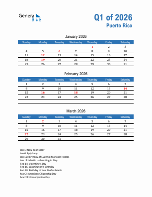 Puerto Rico Quarter 1  2026 calendar template