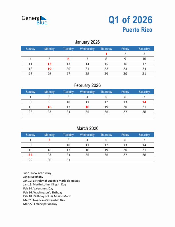 Puerto Rico Q1 2026 Quarterly Calendar with Sunday Start