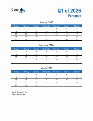 Paraguay Quarter 1  2026 calendar template
