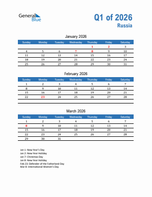 Russia Quarter 1  2026 calendar template