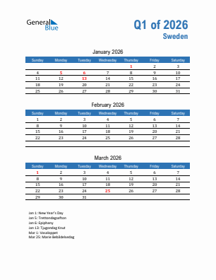Sweden Quarter 1  2026 calendar template