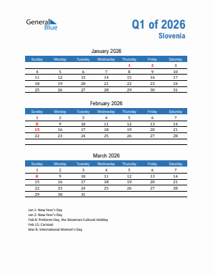 Slovenia Quarter 1  2026 calendar template