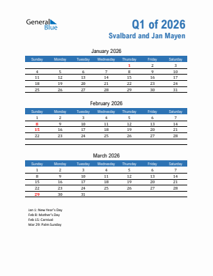 Svalbard and Jan Mayen Quarter 1  2026 calendar template