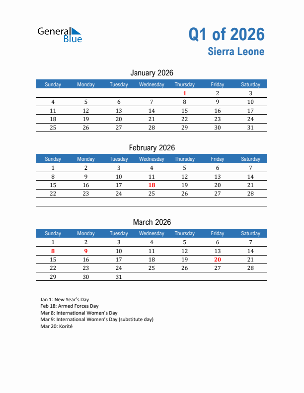 Sierra Leone Q1 2026 Quarterly Calendar with Sunday Start