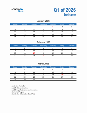 Suriname Quarter 1  2026 calendar template