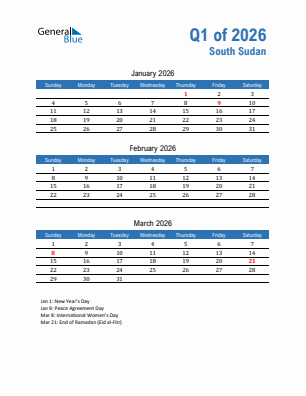 South Sudan Quarter 1  2026 calendar template