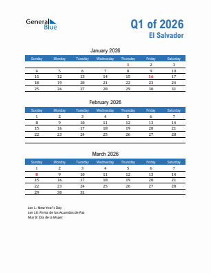 El Salvador Quarter 1  2026 calendar template