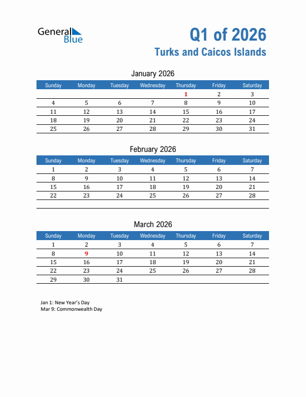 Turks and Caicos Islands Q1 2026 Quarterly Calendar with Sunday Start
