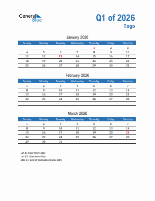 Togo Quarter 1  2026 calendar template