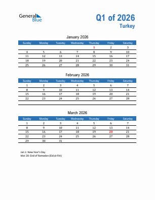 Turkey Quarter 1  2026 calendar template