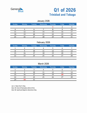 Trinidad and Tobago Quarter 1  2026 calendar template