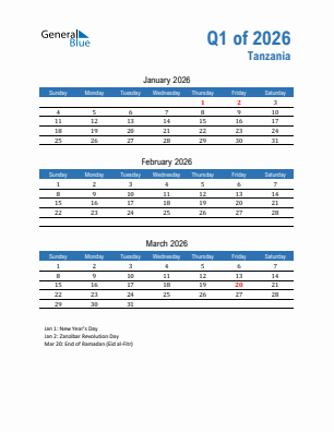 Tanzania Quarter 1  2026 calendar template