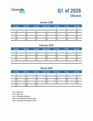Ukraine Quarter 1  2026 calendar template