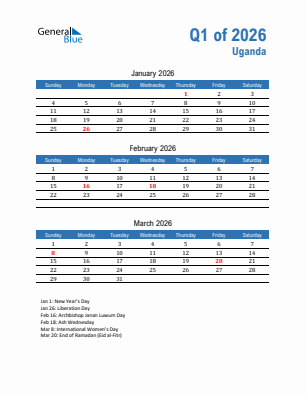 Uganda Quarter 1  2026 calendar template