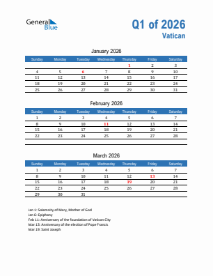 Vatican Quarter 1  2026 calendar template