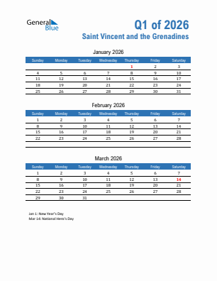 Saint Vincent and the Grenadines Quarter 1  2026 calendar template