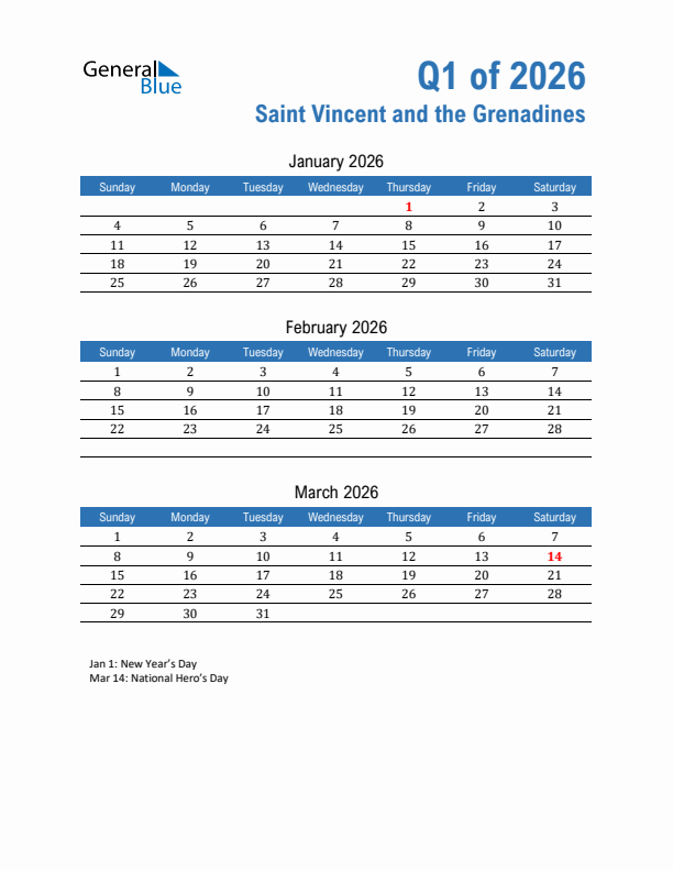 Saint Vincent and the Grenadines Q1 2026 Quarterly Calendar with Sunday Start