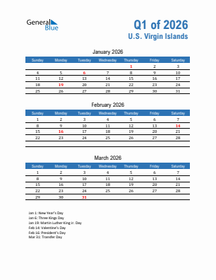 U.S. Virgin Islands Quarter 1  2026 calendar template