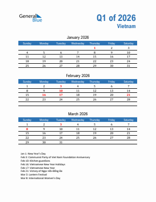 Vietnam Quarter 1  2026 calendar template