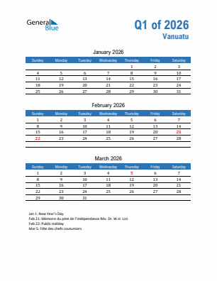 Vanuatu Quarter 1  2026 calendar template