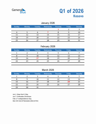 Kosovo Quarter 1  2026 calendar template