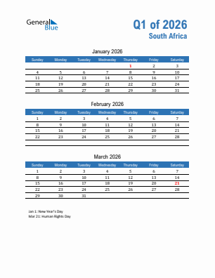 South Africa Quarter 1  2026 calendar template