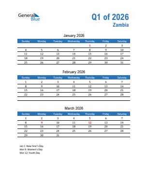 Zambia Quarter 1  2026 calendar template