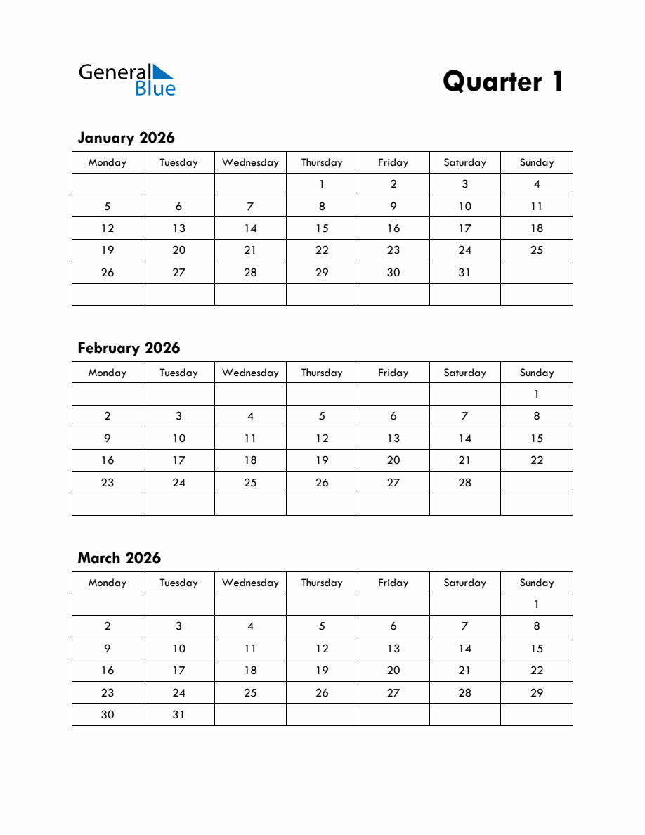 Quarter 1 2026 Calendar with Monday Start