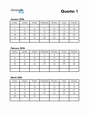 Quarter 1  2026 calendar template