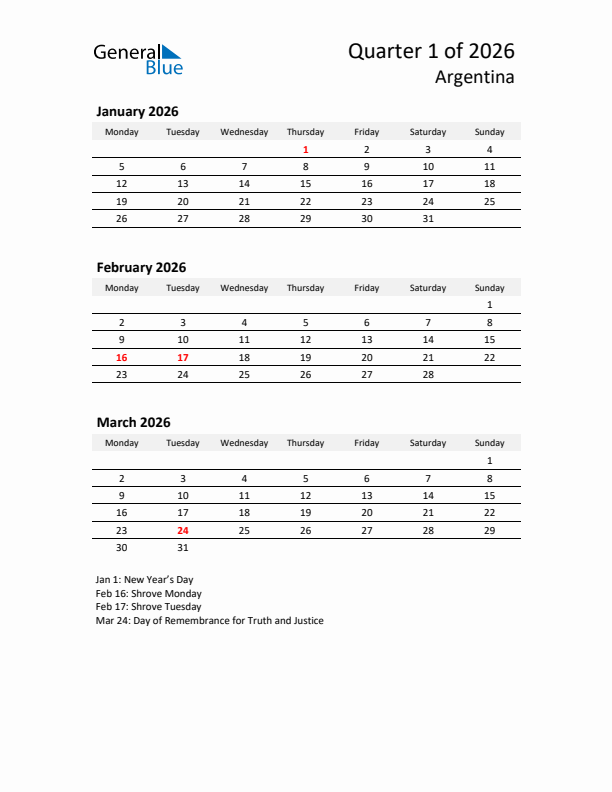 2026 Q1 Three-Month Calendar for Argentina