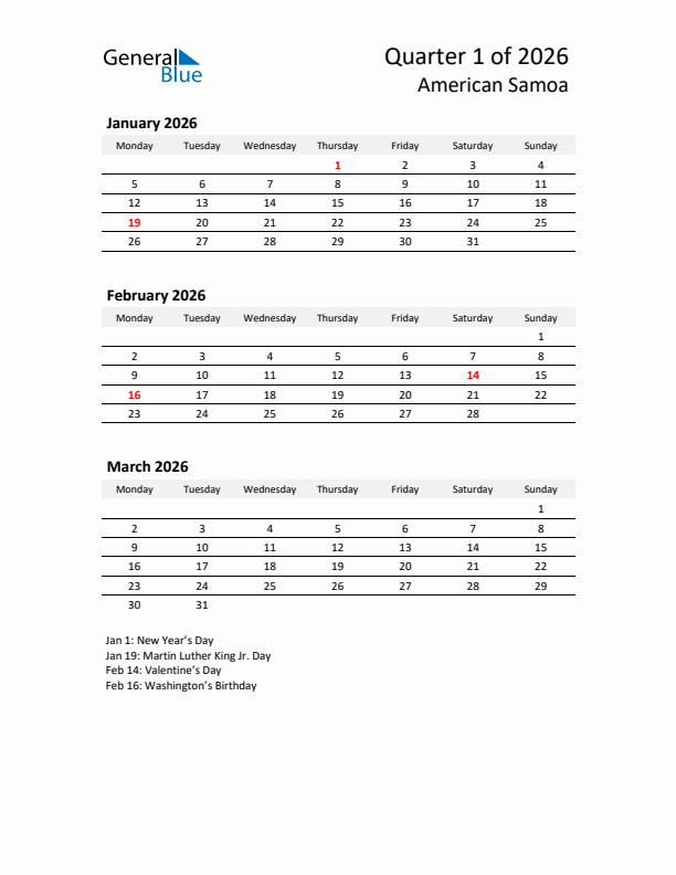 2026 Q1 Three-Month Calendar for American Samoa
