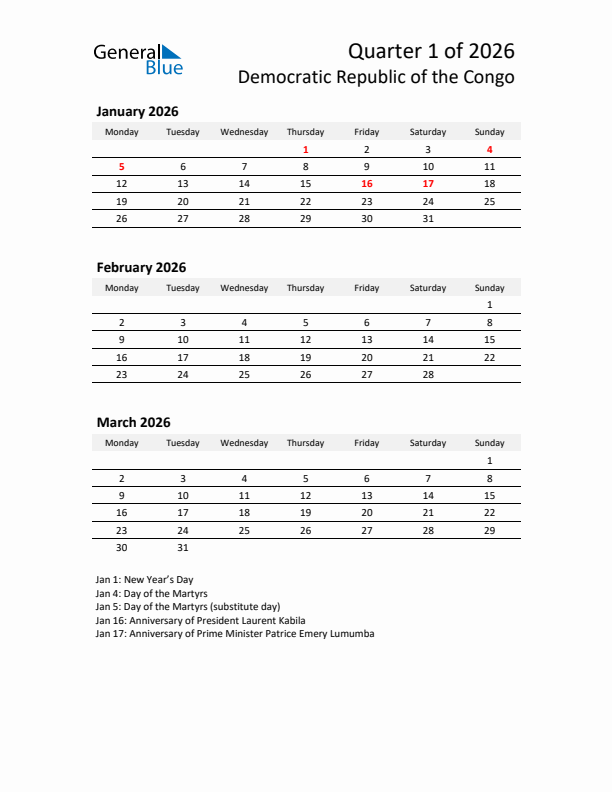 2026 Q1 Three-Month Calendar for Democratic Republic of the Congo