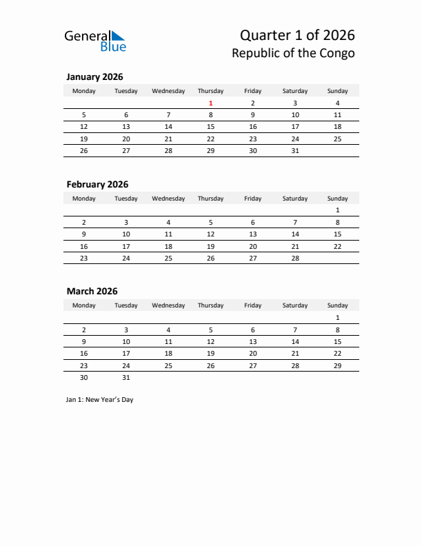 2026 Q1 Three-Month Calendar for Republic of the Congo