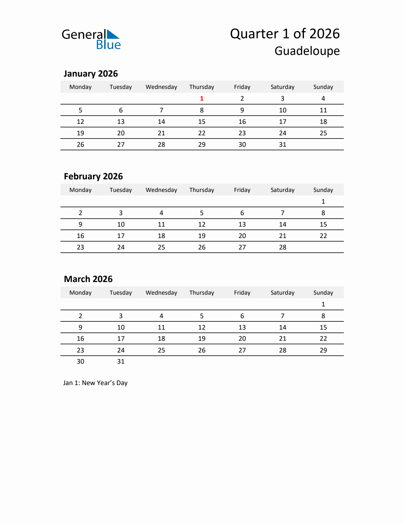 2026 Q1 Three-Month Calendar for Guadeloupe