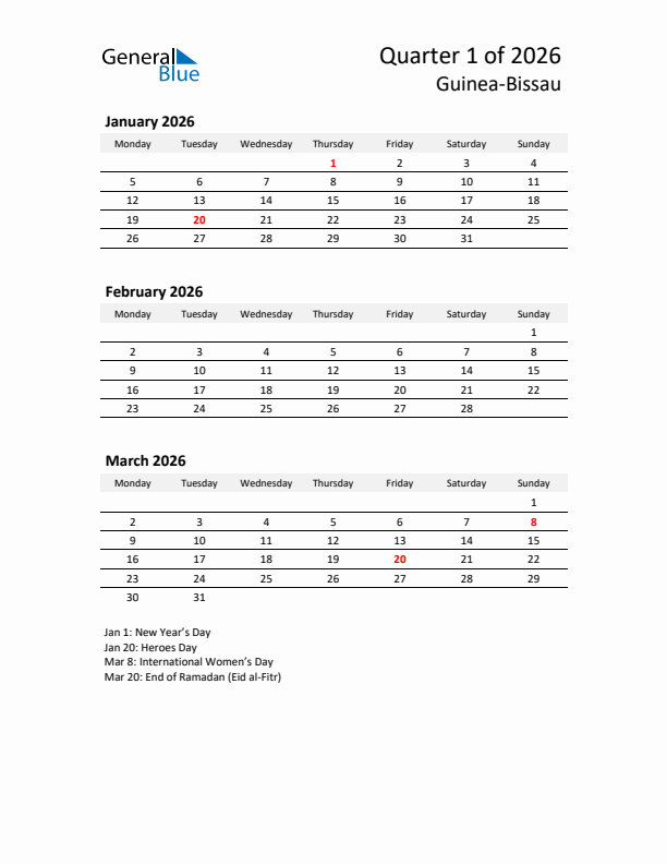 2026 Q1 Three-Month Calendar for Guinea-Bissau