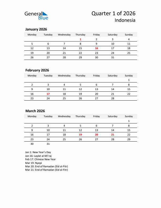 2026 Q1 Three-Month Calendar for Indonesia