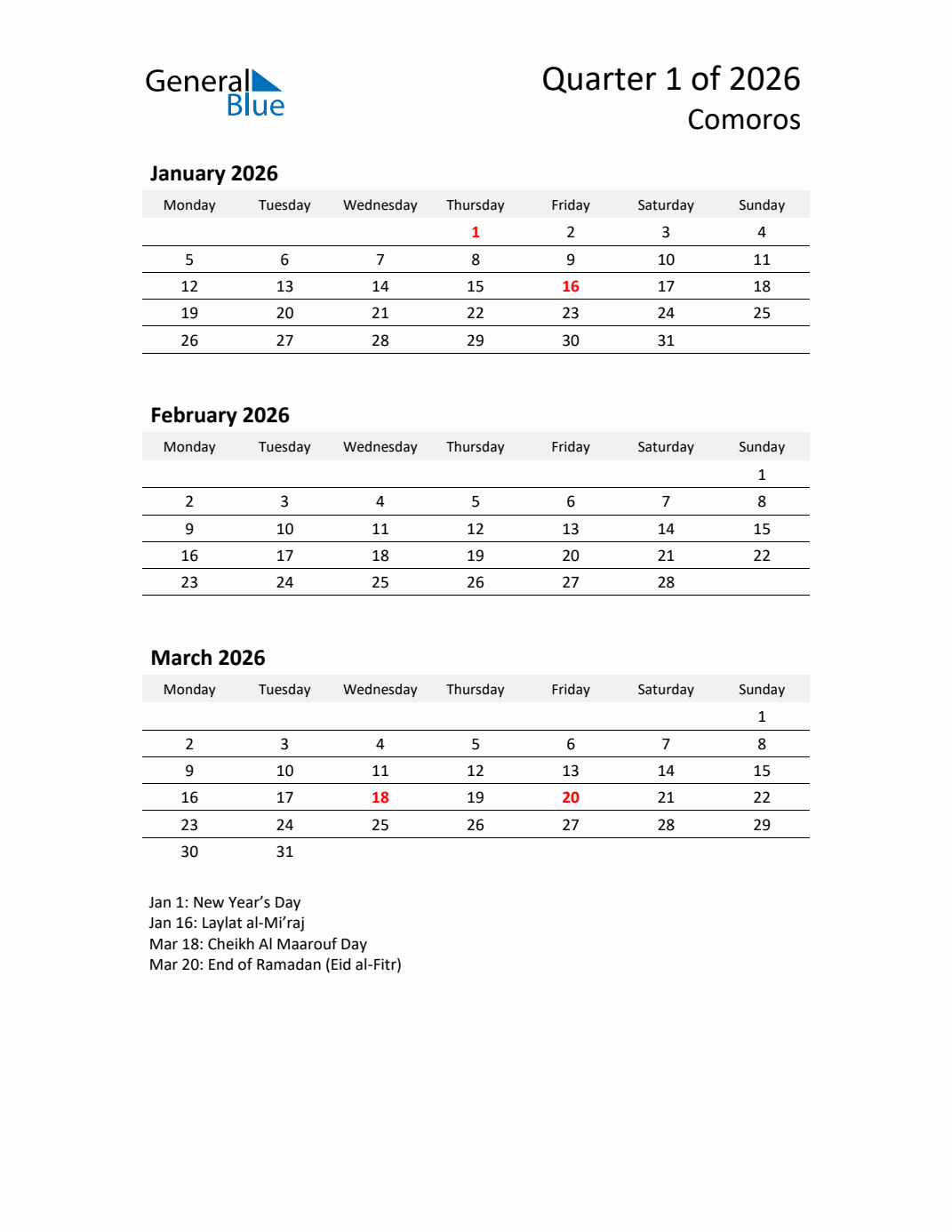 Q1 2026 Monday Start Quarterly Calendar with Comoros Holidays