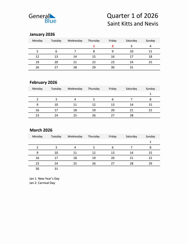 2026 Q1 Three-Month Calendar for Saint Kitts and Nevis