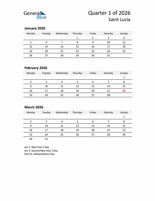 2026 Q1 Three-Month Calendar for Saint Lucia