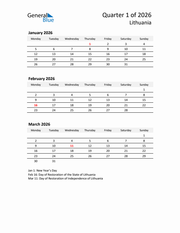 2026 Q1 Three-Month Calendar for Lithuania