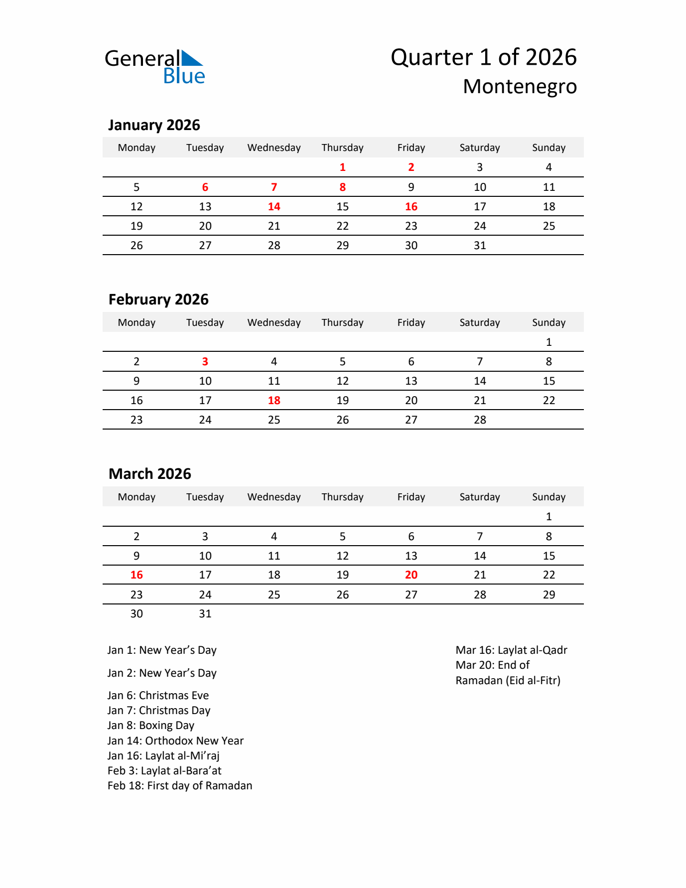 2026 Q1 Three-Month Calendar for Montenegro